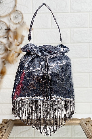 Grey Sequins Embellished Potli by Kainiche by Mehak