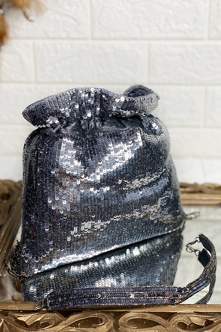 Grey Sequins Embellished Potli by Kainiche by Mehak at Pernia's Pop Up Shop