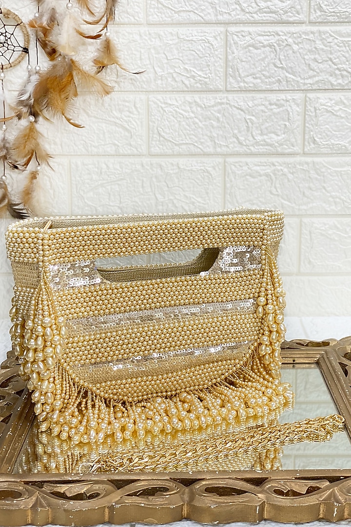Gold Clutch Bag With Pearl Work by Kainiche by Mehak