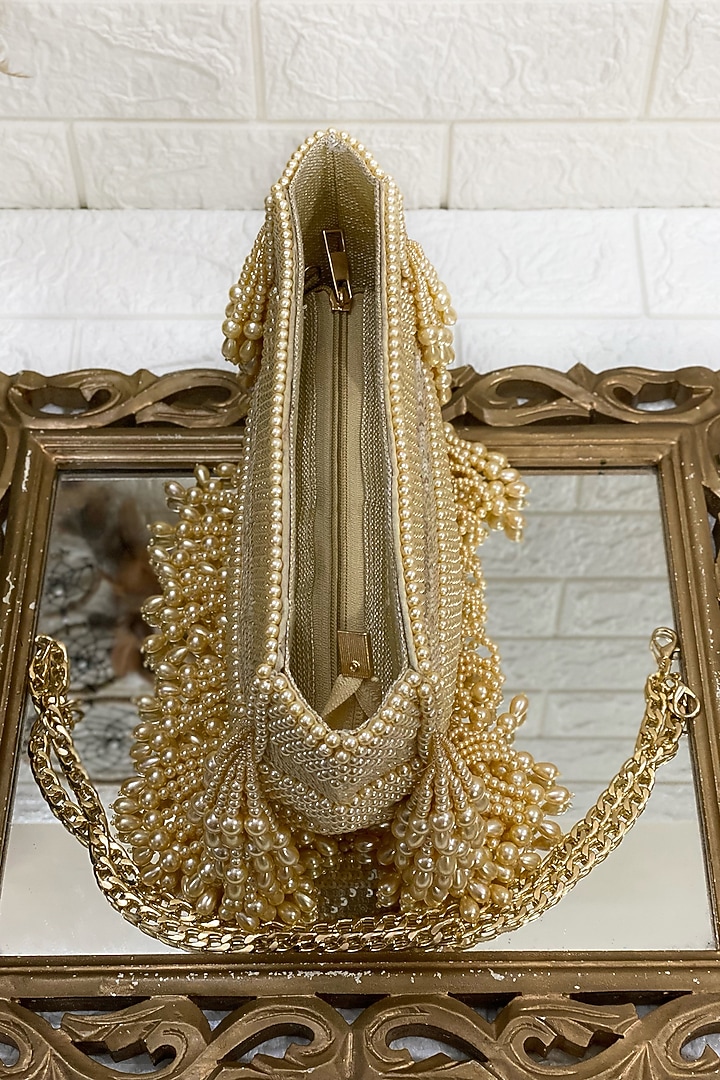 Gold Clutch Bag With Pearl Work by Kainiche by Mehak at Pernia's Pop Up Shop