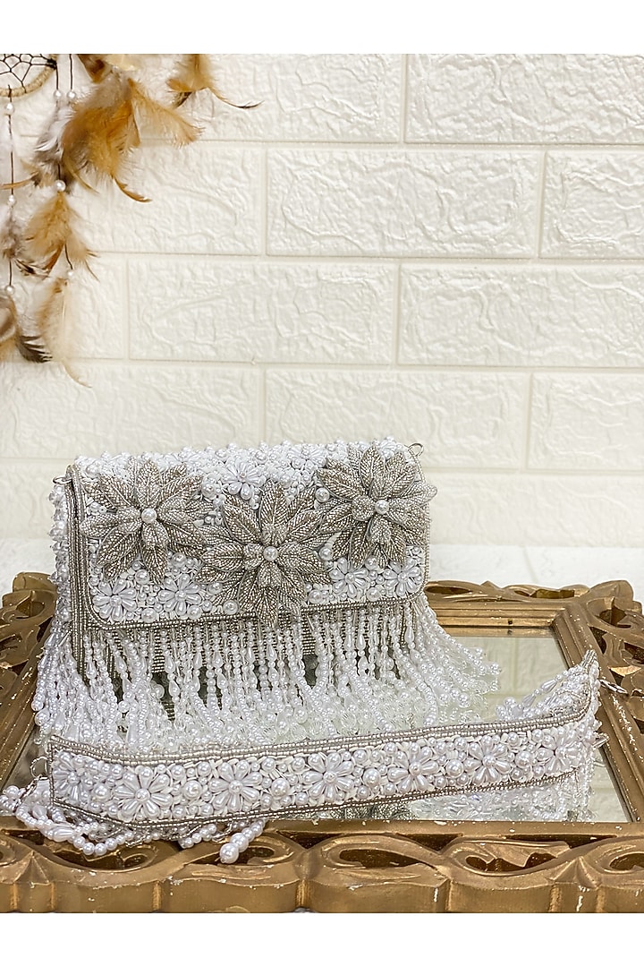 Silver Floral Clutch Bag by Kainiche by Mehak at Pernia's Pop Up Shop