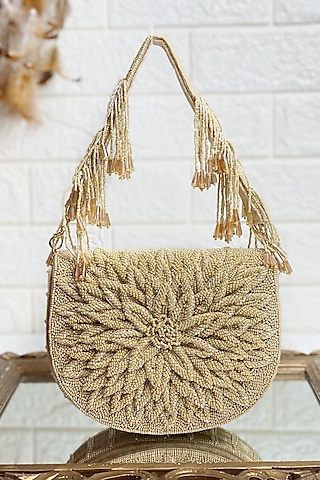 Light Gold Sequins & Pearl Embellished Clutch Bag by Kainiche by Mehak