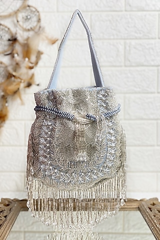 Silver Sequins & Pearl Embellished Potli by Kainiche by Mehak
