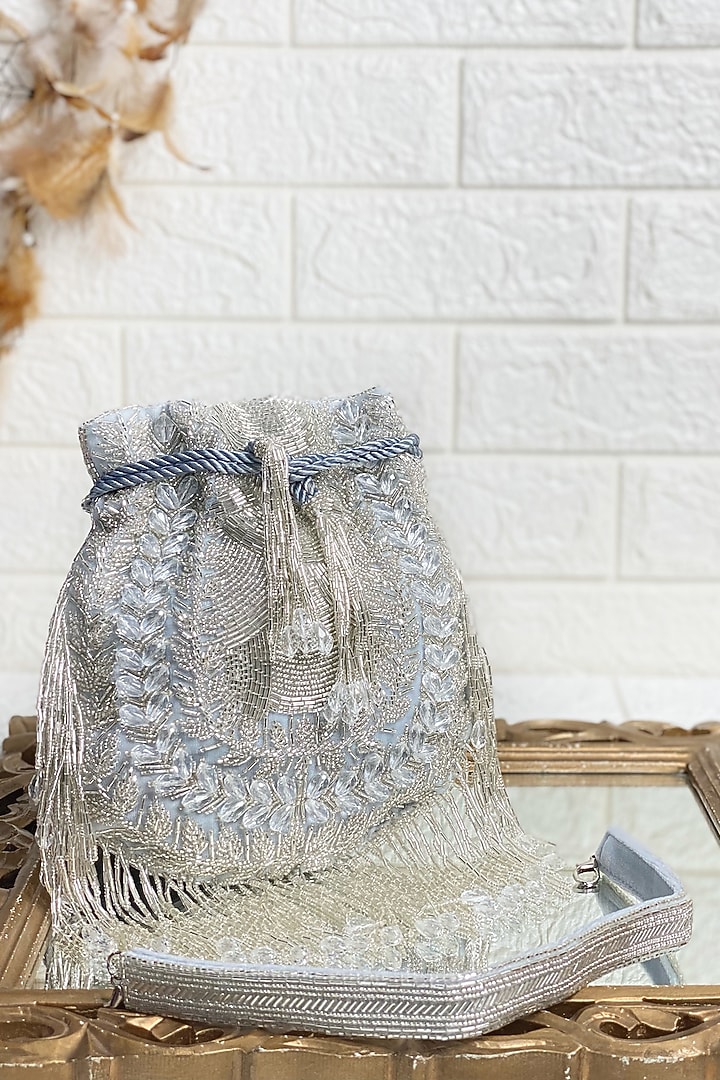 Silver Sequins & Pearl Embellished Potli by Kainiche by Mehak at Pernia's Pop Up Shop