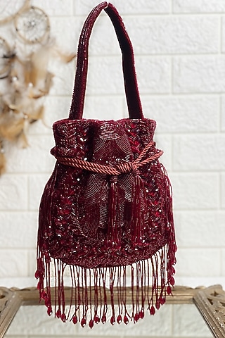 Maroon Sequins & Pearl Embellished Potli by Kainiche by Mehak