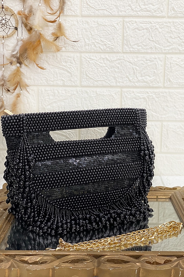 Black Clutch Bag With Pearl Work by Kainiche by Mehak