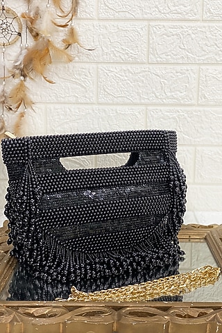 Black Clutch Bag With Pearl Work by Kainiche by Mehak