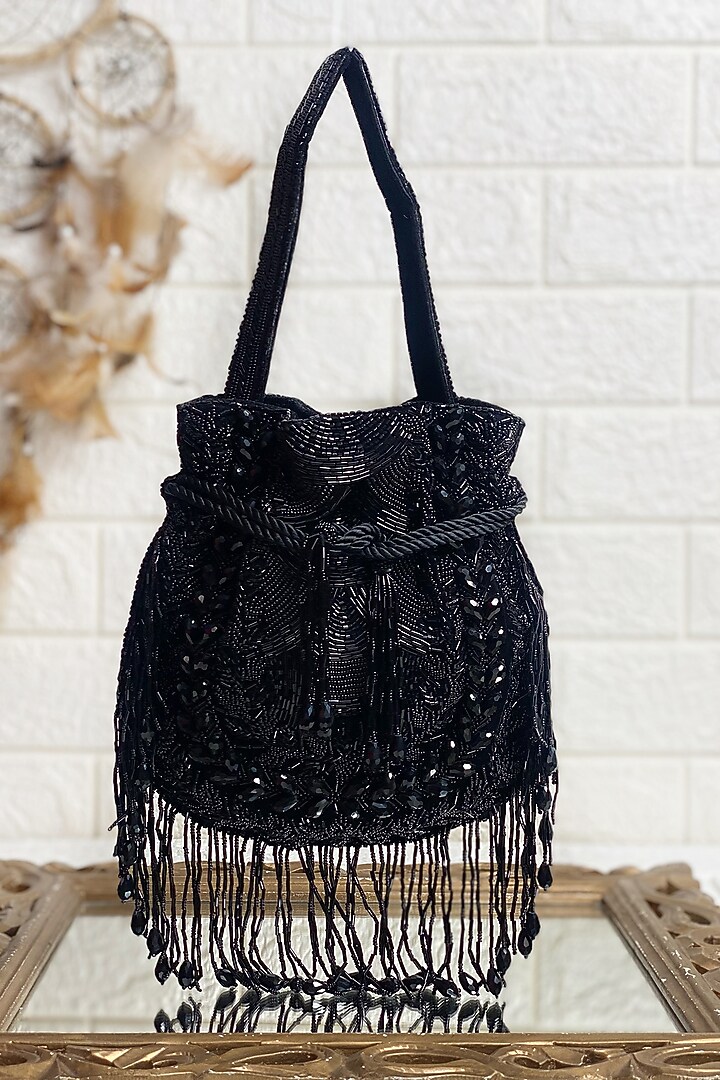 Black Sequins & Pearl Embellished Potli by Kainiche by Mehak at Pernia's Pop Up Shop
