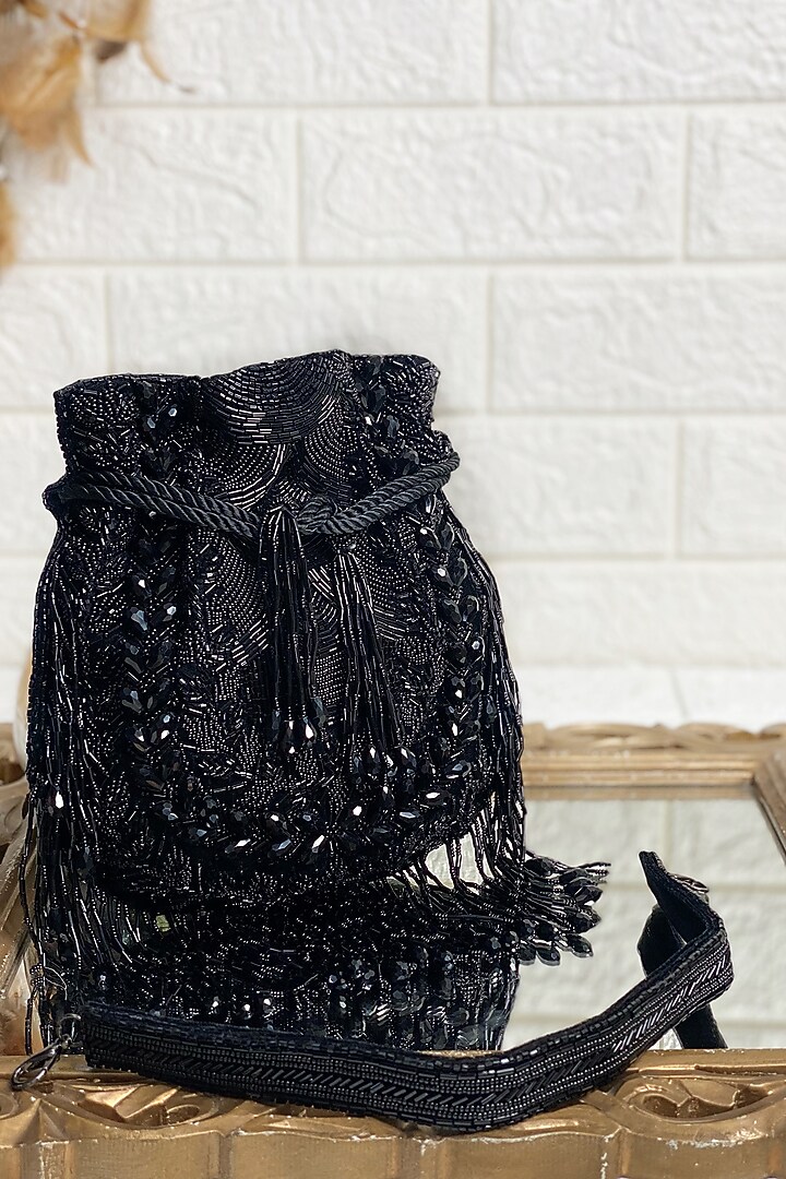 Black Sequins & Pearl Embellished Potli by Kainiche by Mehak at Pernia's Pop Up Shop