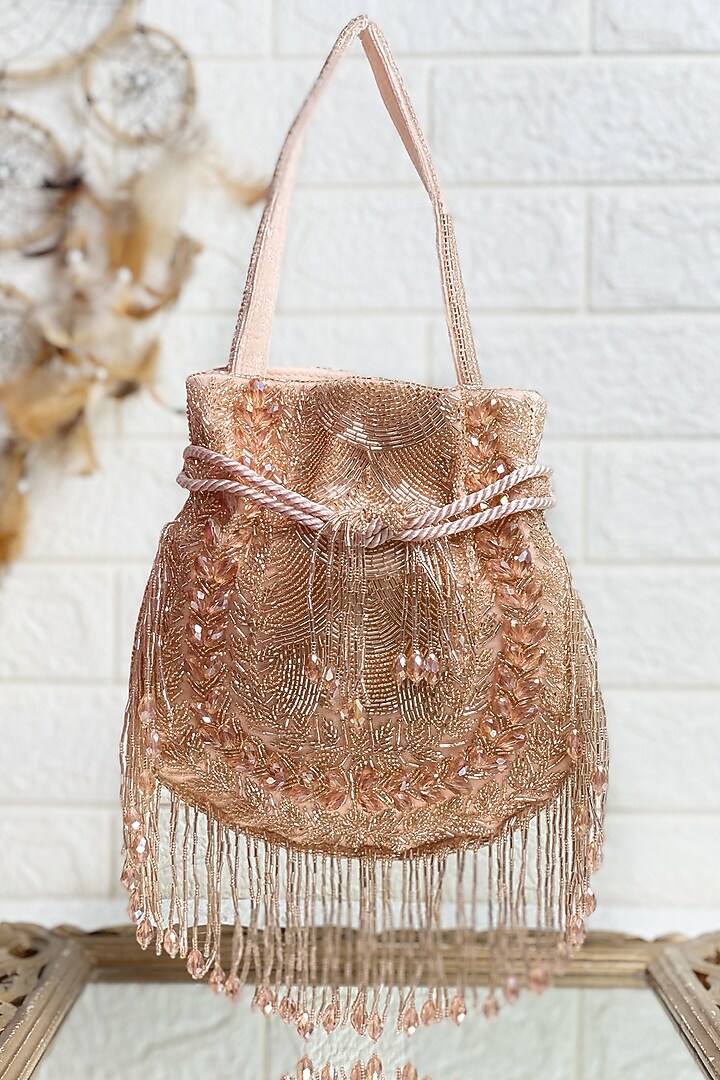 Rose Gold Sequins & Pearl Embellished Potli by Kainiche by Mehak at Pernia's Pop Up Shop