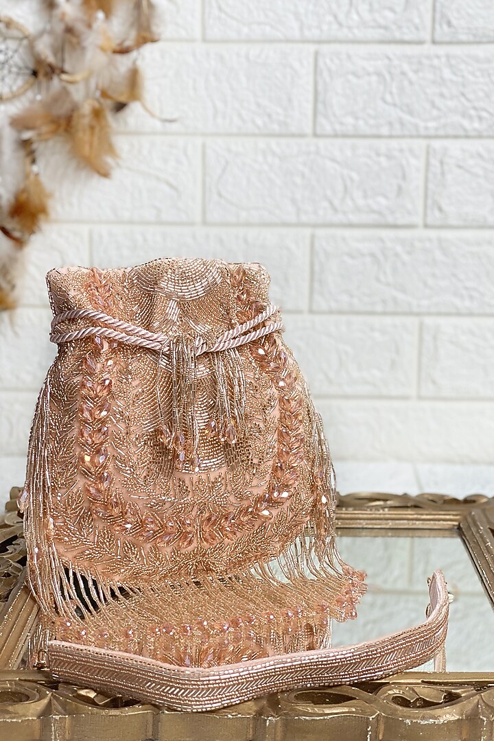 Rose Gold Sequins & Pearl Embellished Potli by Kainiche by Mehak at Pernia's Pop Up Shop