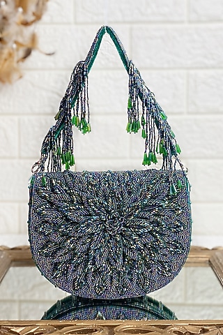 Green Sequins & Pearl Embellished Clutch Bag by Kainiche by Mehak