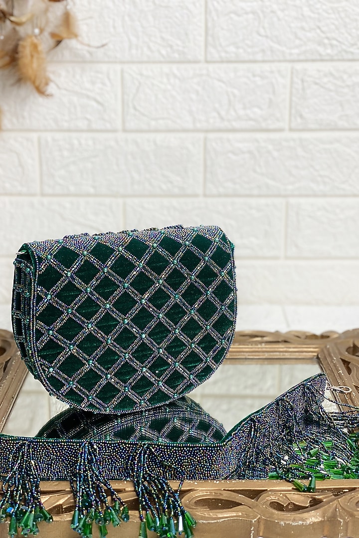 Green Sequins & Pearl Embellished Clutch Bag by Kainiche by Mehak at Pernia's Pop Up Shop