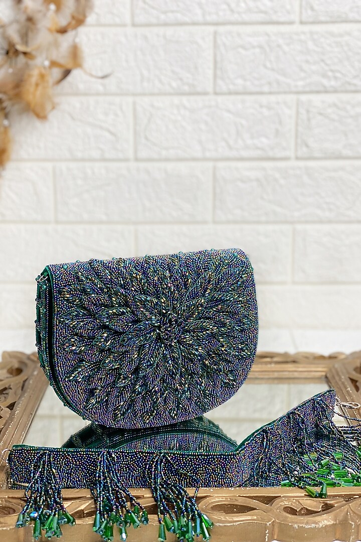 Green Sequins & Pearl Embellished Clutch Bag by Kainiche by Mehak at Pernia's Pop Up Shop