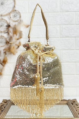 Gold Sequins Embellished Potli by Kainiche by Mehak