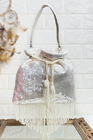 White Sequins Embellished Potli by Kainiche by Mehak