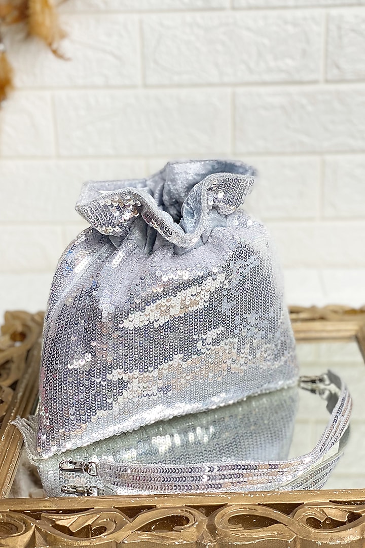 Silver Sequins Embellished Potli by Kainiche by Mehak at Pernia's Pop Up Shop