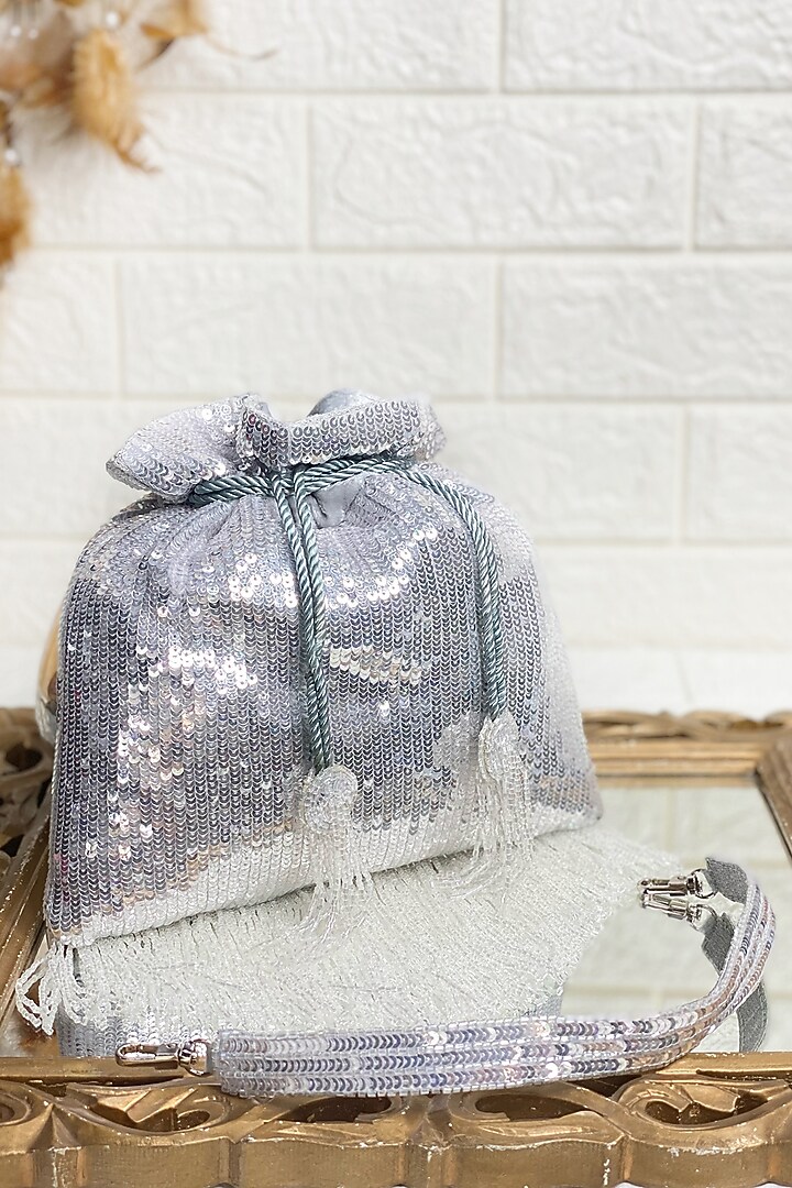 Silver Sequins Embellished Potli by Kainiche by Mehak at Pernia's Pop Up Shop