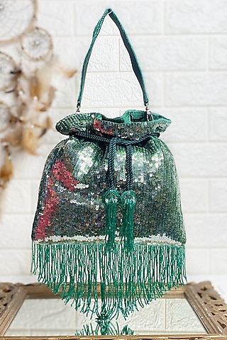 Bottle Green Sequins Embellished Potli by Kainiche by Mehak