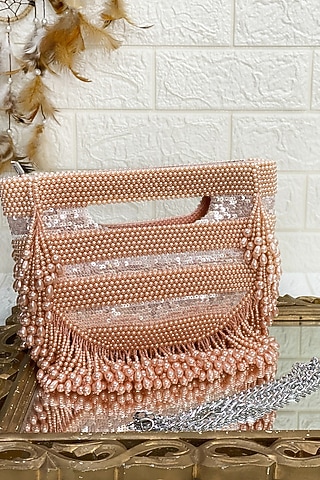 Pink Clutch Bag With Pearl Work by Kainiche by Mehak
