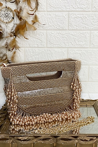 Copper Clutch Bag With Pearl Work by Kainiche by Mehak