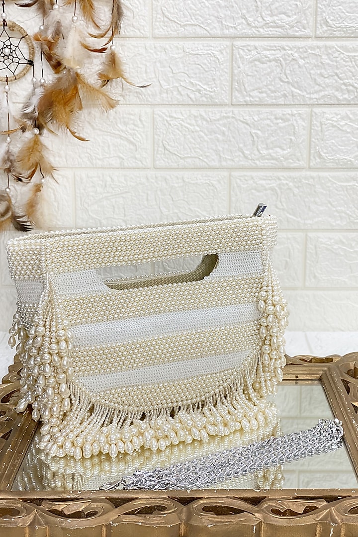 White Clutch Bag With Pearl Work by Kainiche by Mehak