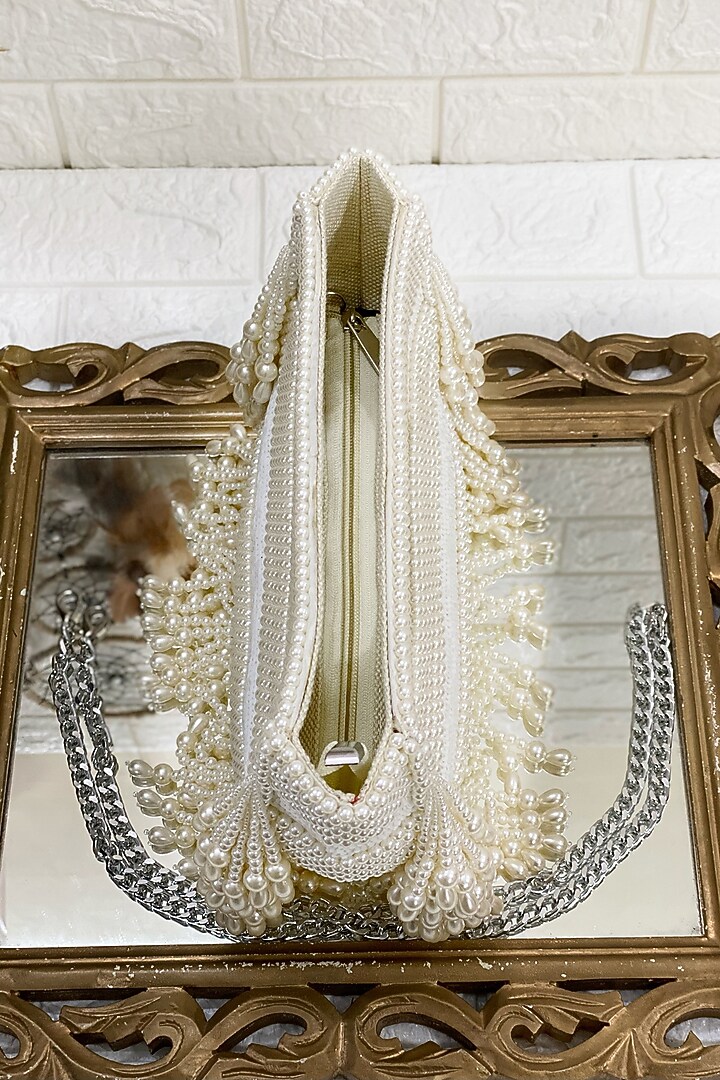 White Clutch Bag With Pearl Work by Kainiche by Mehak at Pernia's Pop Up Shop