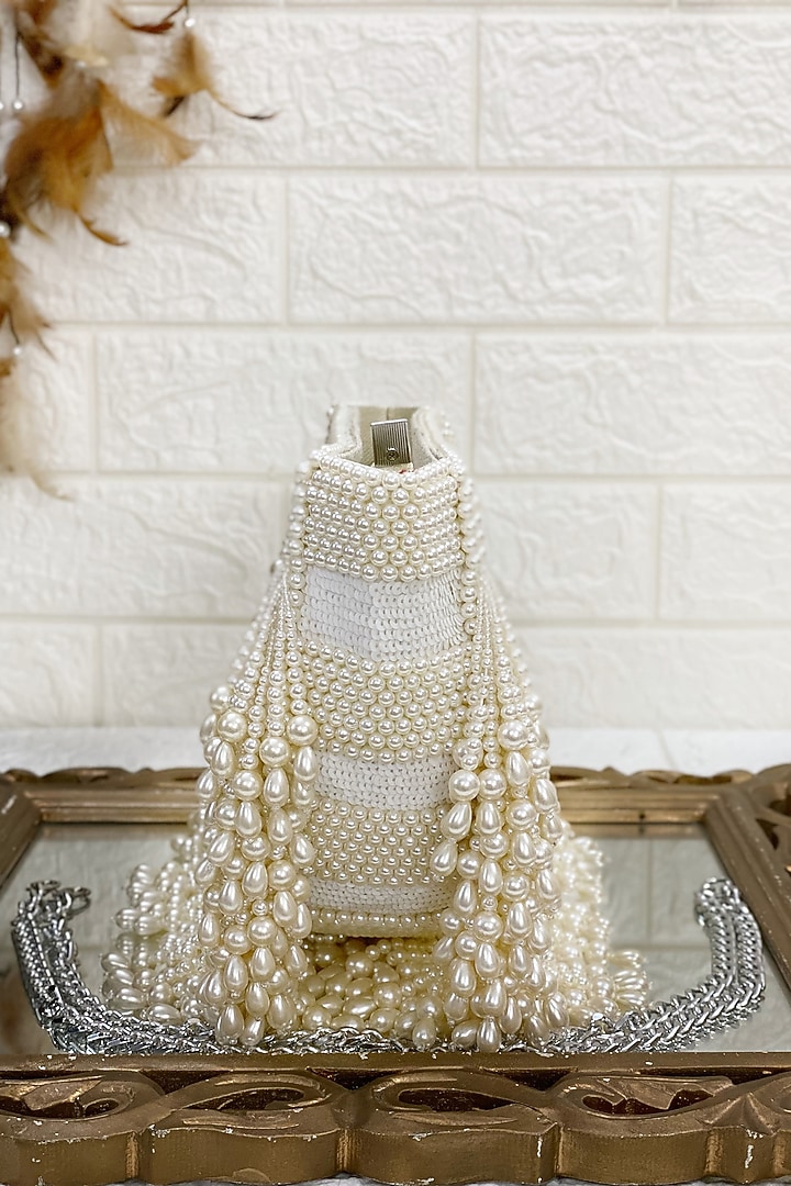 White Clutch Bag With Pearl Work by Kainiche by Mehak at Pernia's Pop Up Shop