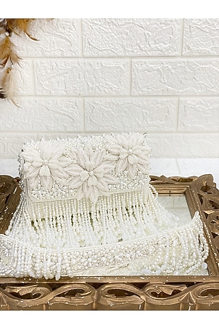 White Floral Clutch Bag by Kainiche by Mehak