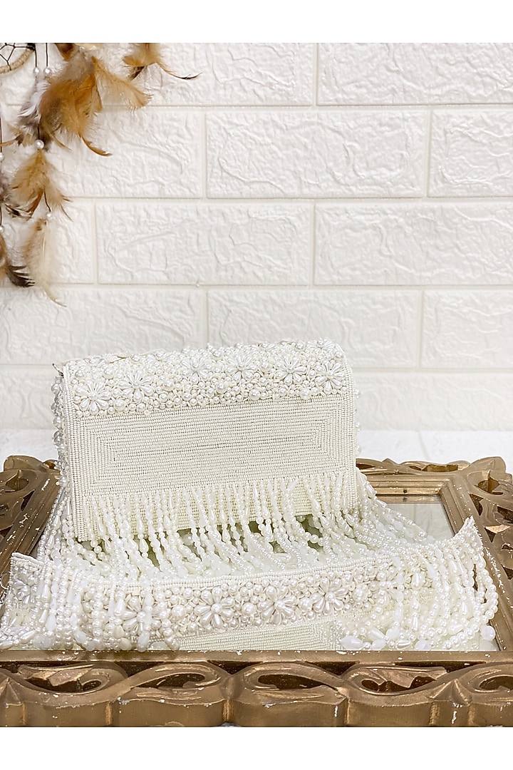 White Floral Clutch Bag by Kainiche by Mehak at Pernia's Pop Up Shop