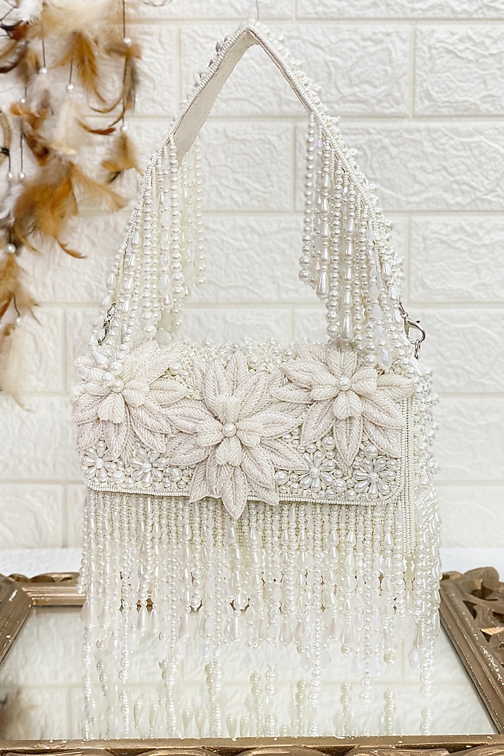 White Floral Clutch Bag by Kainiche by Mehak at Pernia's Pop Up Shop