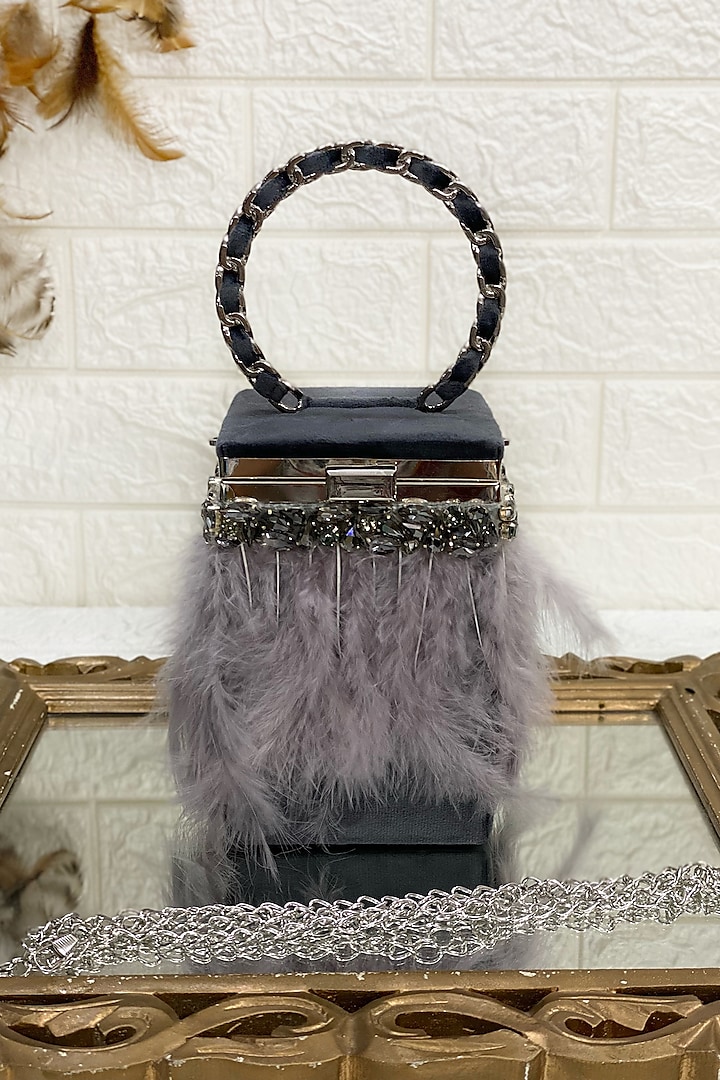 Grey Suede & Velvet Feather Box Clutch by Kainiche by Mehak