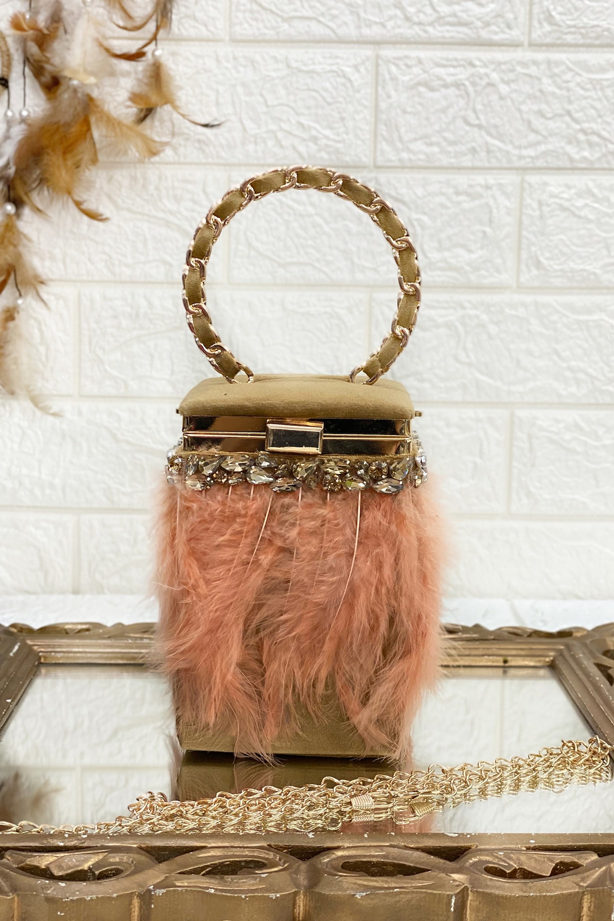 Peach Suede Velvet Feather Box Clutch by Kainiche by Mehak at Pernia s Pop Up Shop