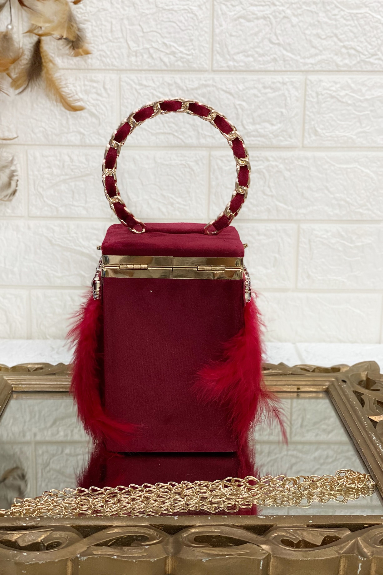 Red Suede Velvet Feather Box Clutch by Kainiche by Mehak at Pernia's Pop  Up Shop