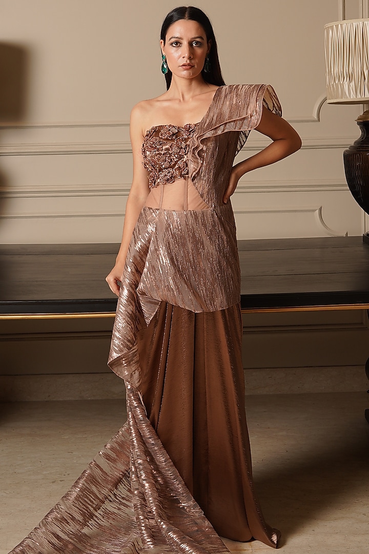 Bronze Embroidered Gown With Trail by Kamaali Couture