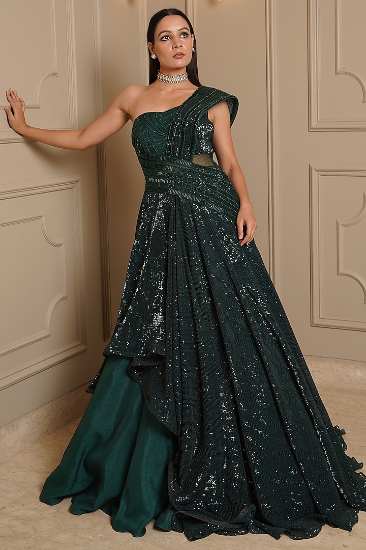 Emerald Green Embroidered One-Shoulder Gown by Kamaali Couture