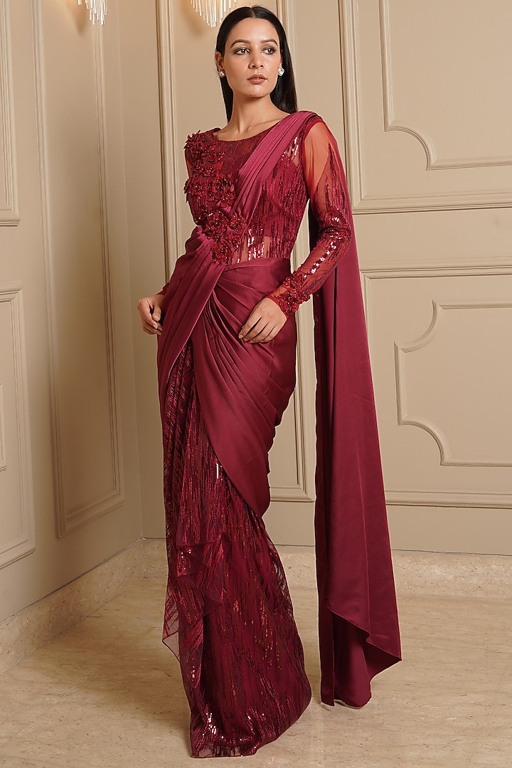 Red Embellished Draped Saree  by Kamaali Couture