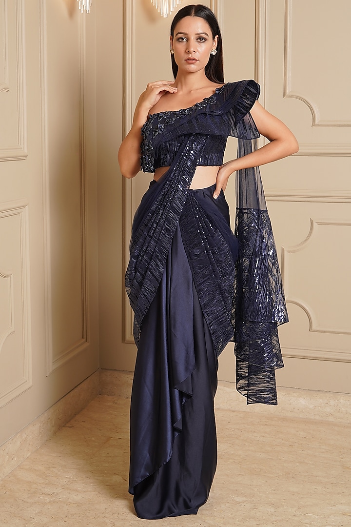 Navy Blue Hand Embroidered Draped Saree Set by Kamaali Couture