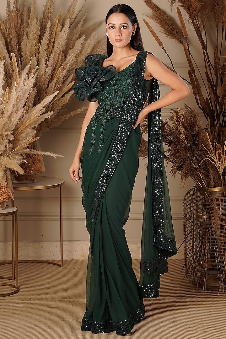 Emerald Green Hand Embroidered Draped Saree Set by Kamaali Couture