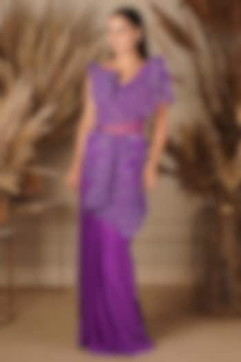 Purple Embellished Jacket Saree Set by Kamaali Couture