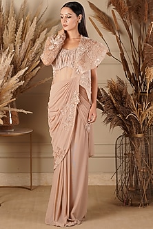 Beige Embellished Draped Saree Gown by Kamaali Couture-GOWN SAREE