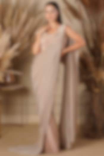 Beige Embellished Draped Saree Set by Kamaali Couture