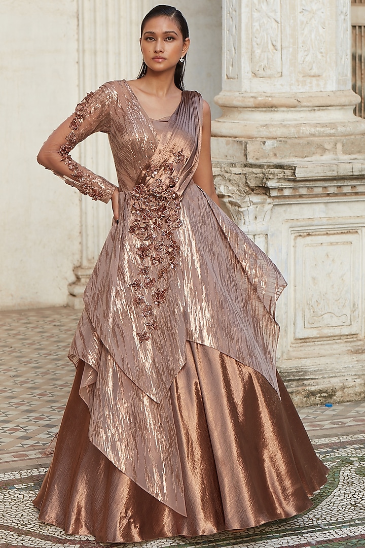 Bronze Hand Embroidered Half-Jacket Gown by Kamaali Couture
