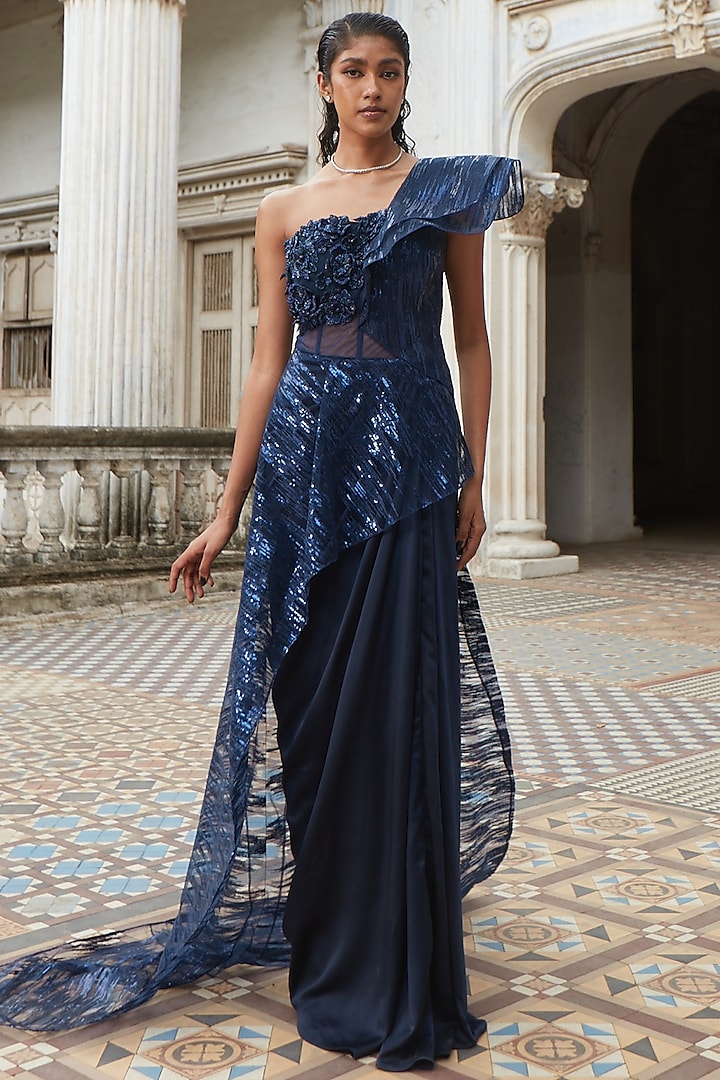 Navy Blue Hand Embroidered Gown With Trail by Kamaali Couture