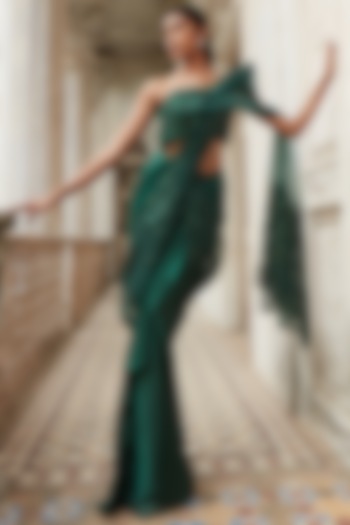 Emerald Green Embroidered Draped Wedding Saree Set by Kamaali Couture at Pernia's Pop Up Shop
