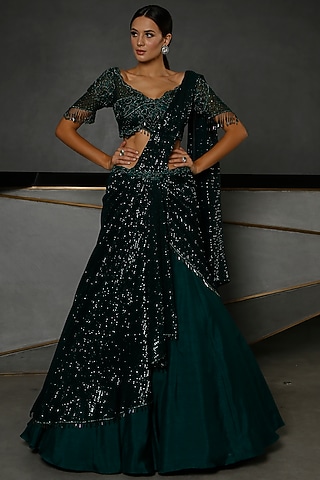 Emerald Green Machine Embroidered Lehenga Set by Kamaali Couture