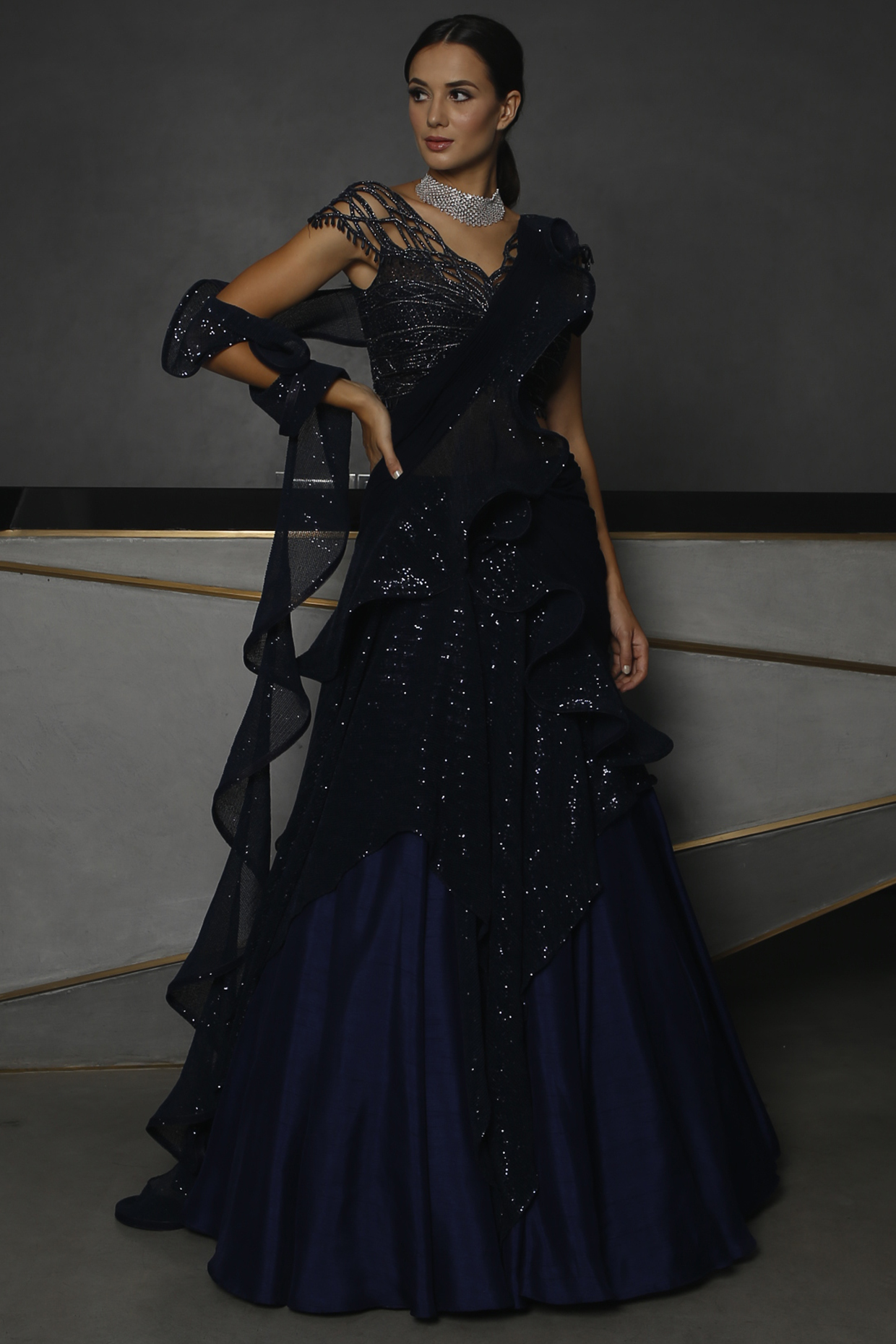 Dark Navy Blue Embroidered Lehenga Set by Kamaali Couture