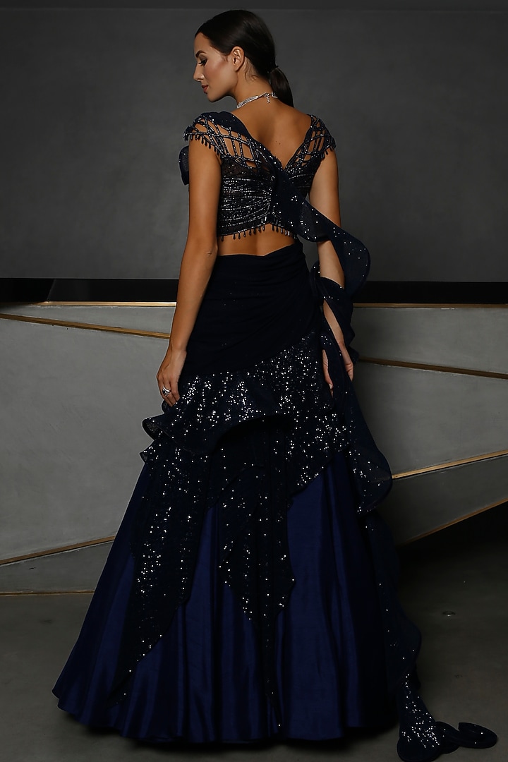 Dark Navy Blue Embroidered Bridal Lehenga Set by Kamaali Couture at Pernia's Pop Up Shop