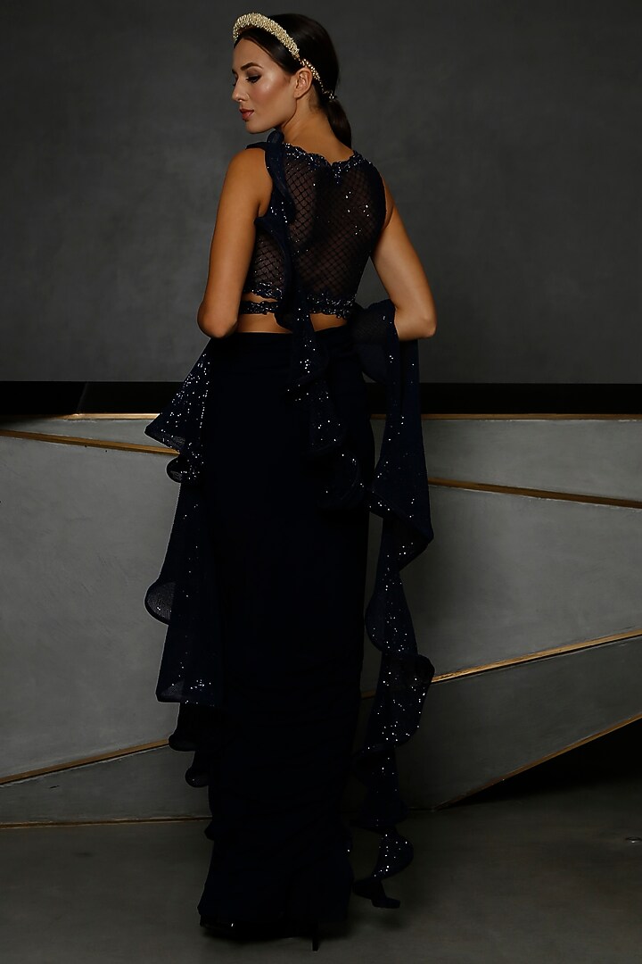 Dark Navy Blue Machine Embroidered Draped Wedding Saree Set by Kamaali Couture at Pernia's Pop Up Shop