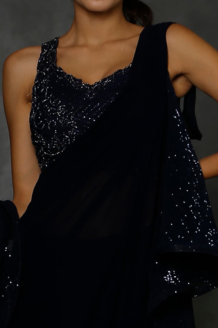 Dark Navy Blue Machine Embroidered Draped Wedding Saree Set by Kamaali Couture at Pernia's Pop Up Shop
